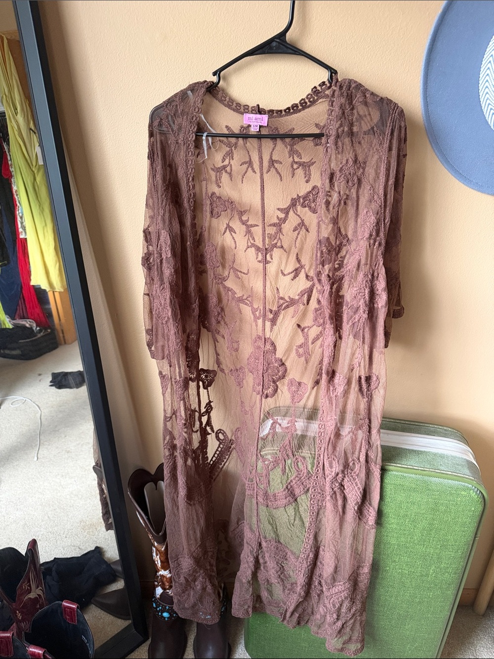 mi ami mauve embroidered sheer floral duster